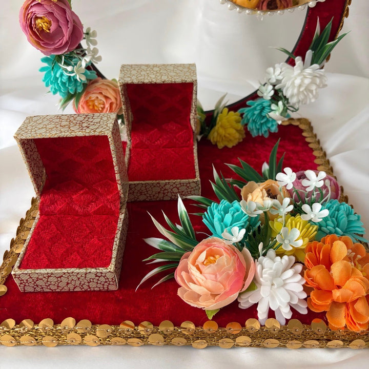 Traditional Red & Gold Shagun Ring Ceremony Tray with Ring Boxes & Floral Decoration
