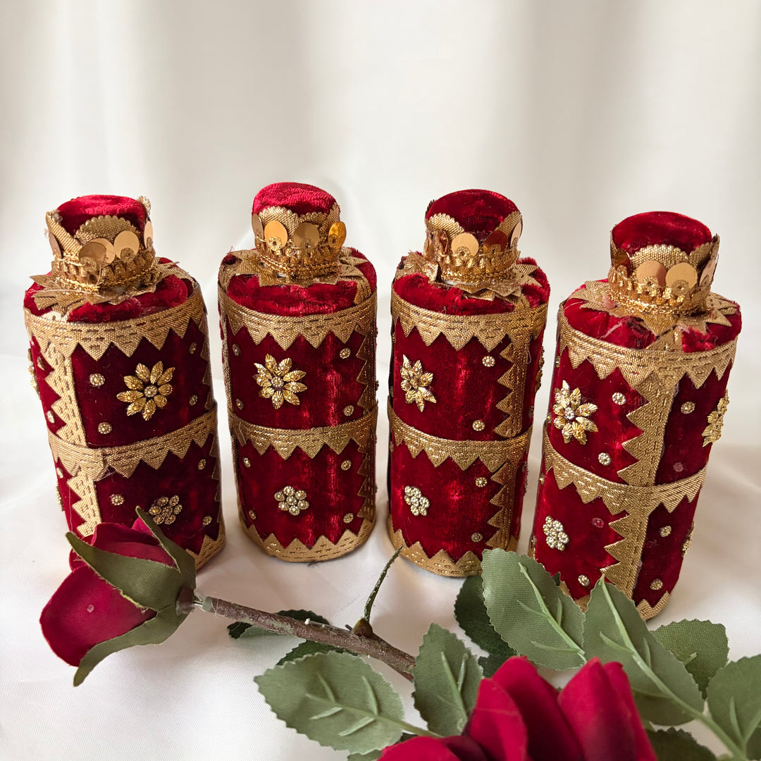 Burgundy Velvet Bridal Oil Bottles – Traditional Indian Wedding Maiyan/Jaggo Ceremony
