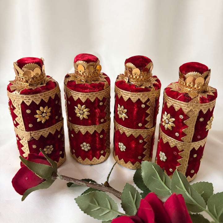 Burgundy Velvet Bridal Oil Bottles – Traditional Indian Wedding Maiyan/Jaggo Ceremony