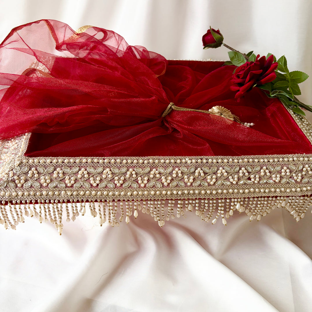 Burgundy & Gold Decorative Pearl Wedding Gift Tray with Organza Netting & Tie