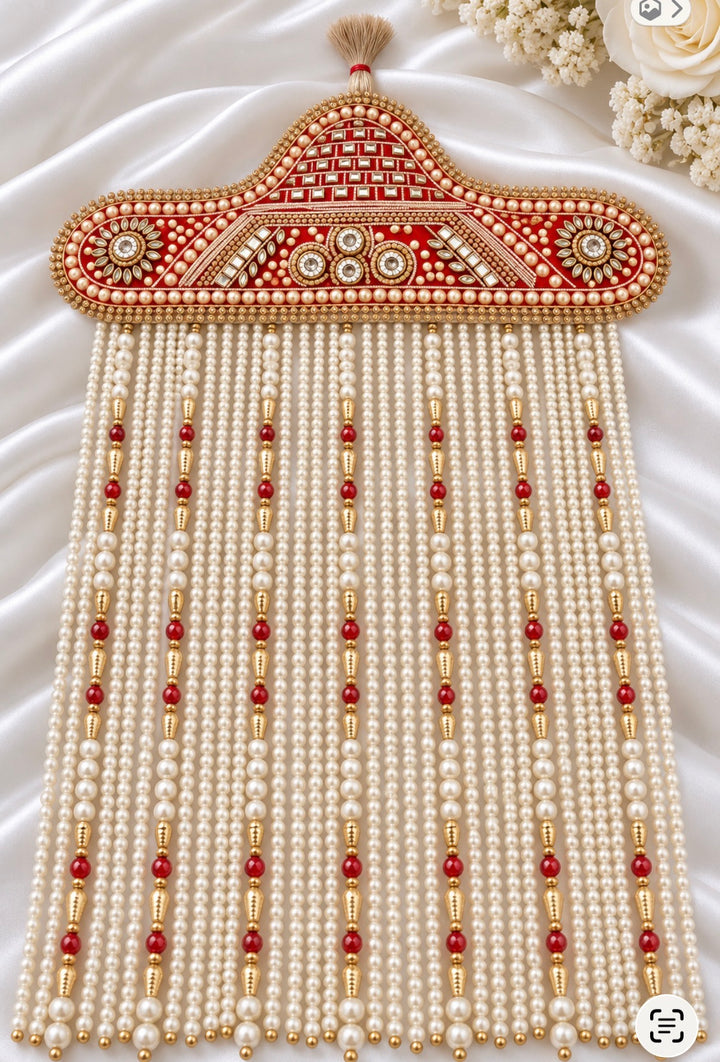 Traditional Indian Groom’s Sehra – Red & Gold Embroidered Wedding Sehra with Pearl Beads