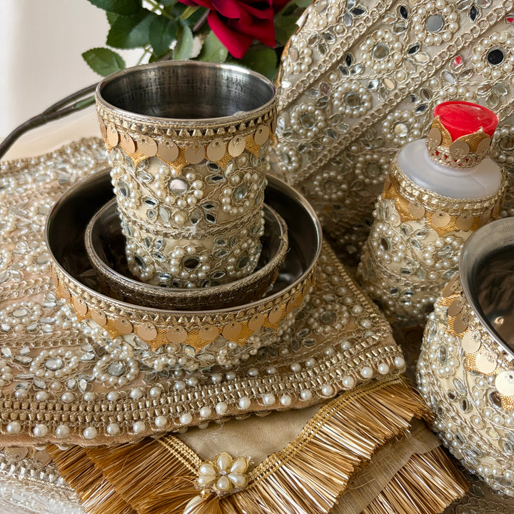 11 Piece Gold Mirror &  Pearl Maiyan Set – Traditional Punjabi Wedding Ceremony Set