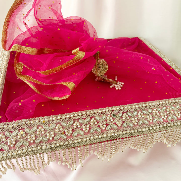 Pink & Gold Decorative Pearl Wedding Gift Tray with Organza Netting & Tie