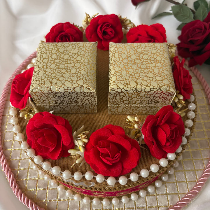 Traditional Red & Gold Shagun Ring Ceremony Tray with Ring Boxes & Floral Decoration