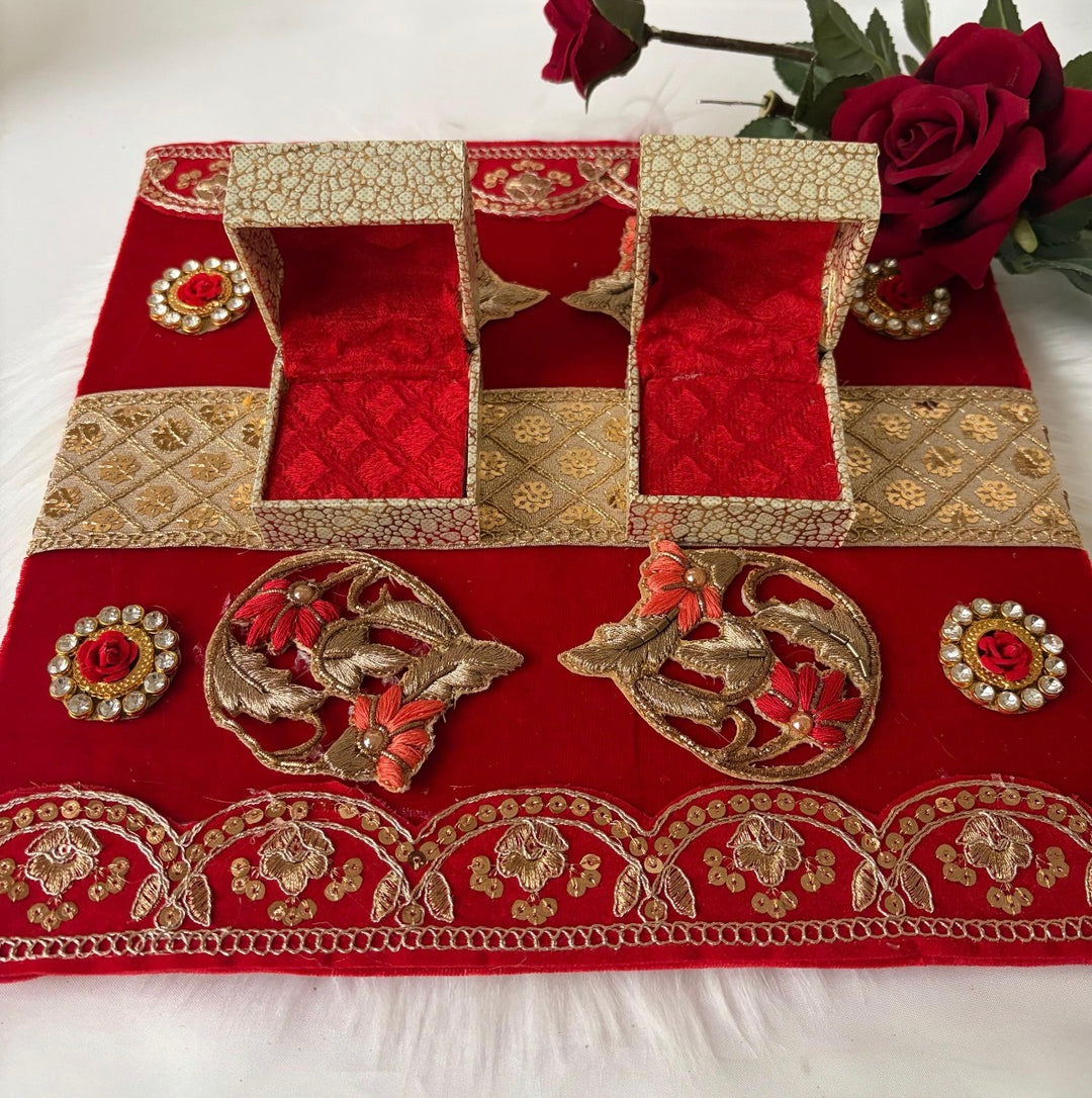 Traditional Red & Gold Shagun Ring Ceremony Tray with Ring Boxes & Floral Decoration