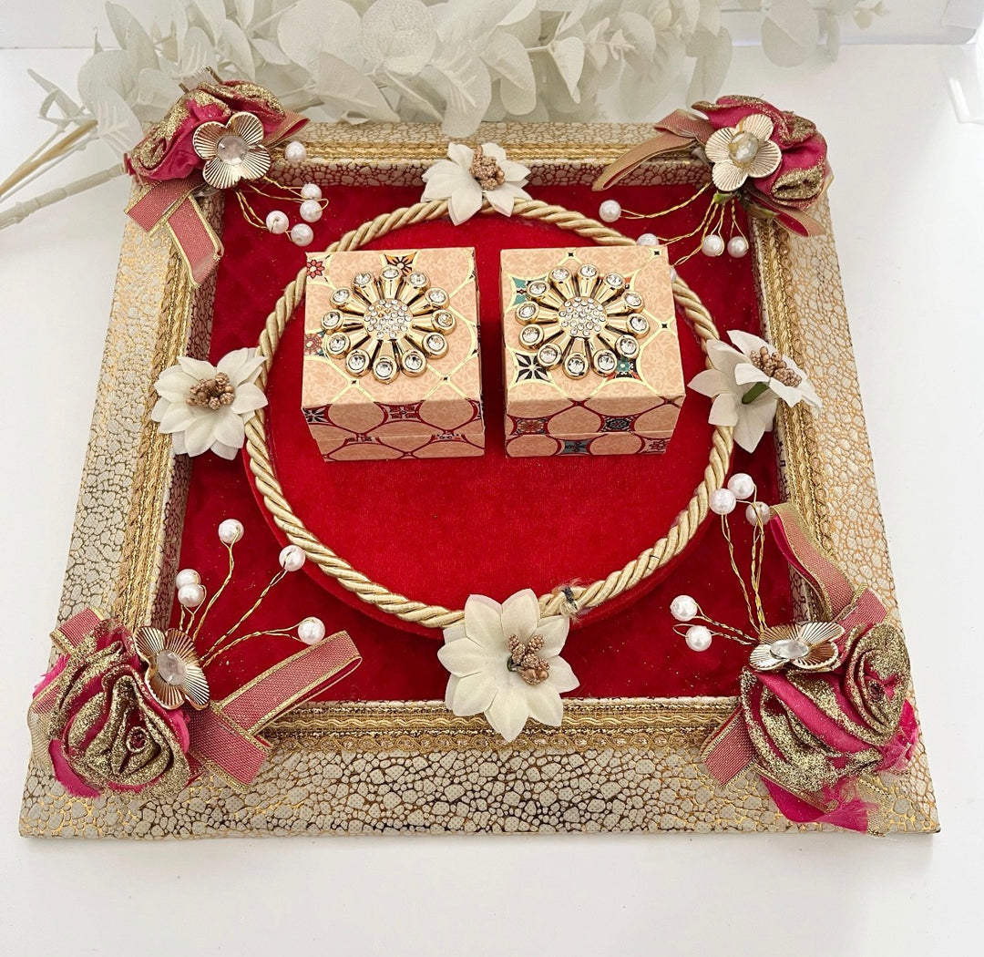 Traditional Red & Gold Shagun Ring Ceremony Tray with Ring Boxes & Floral Decoration