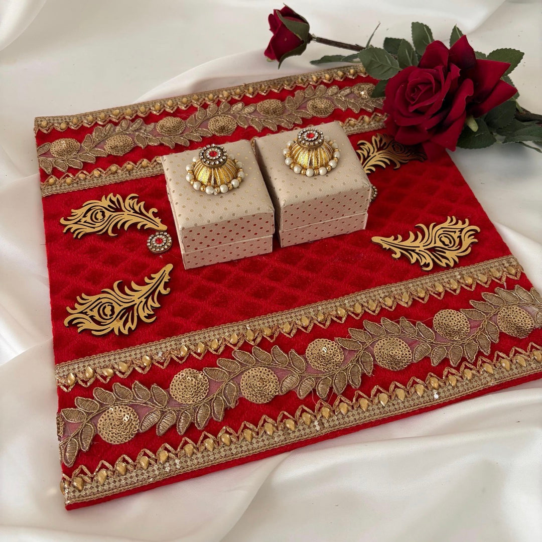 Traditional Red & Gold Shagun Ring Ceremony Tray with Ring Boxes & Floral Decoration