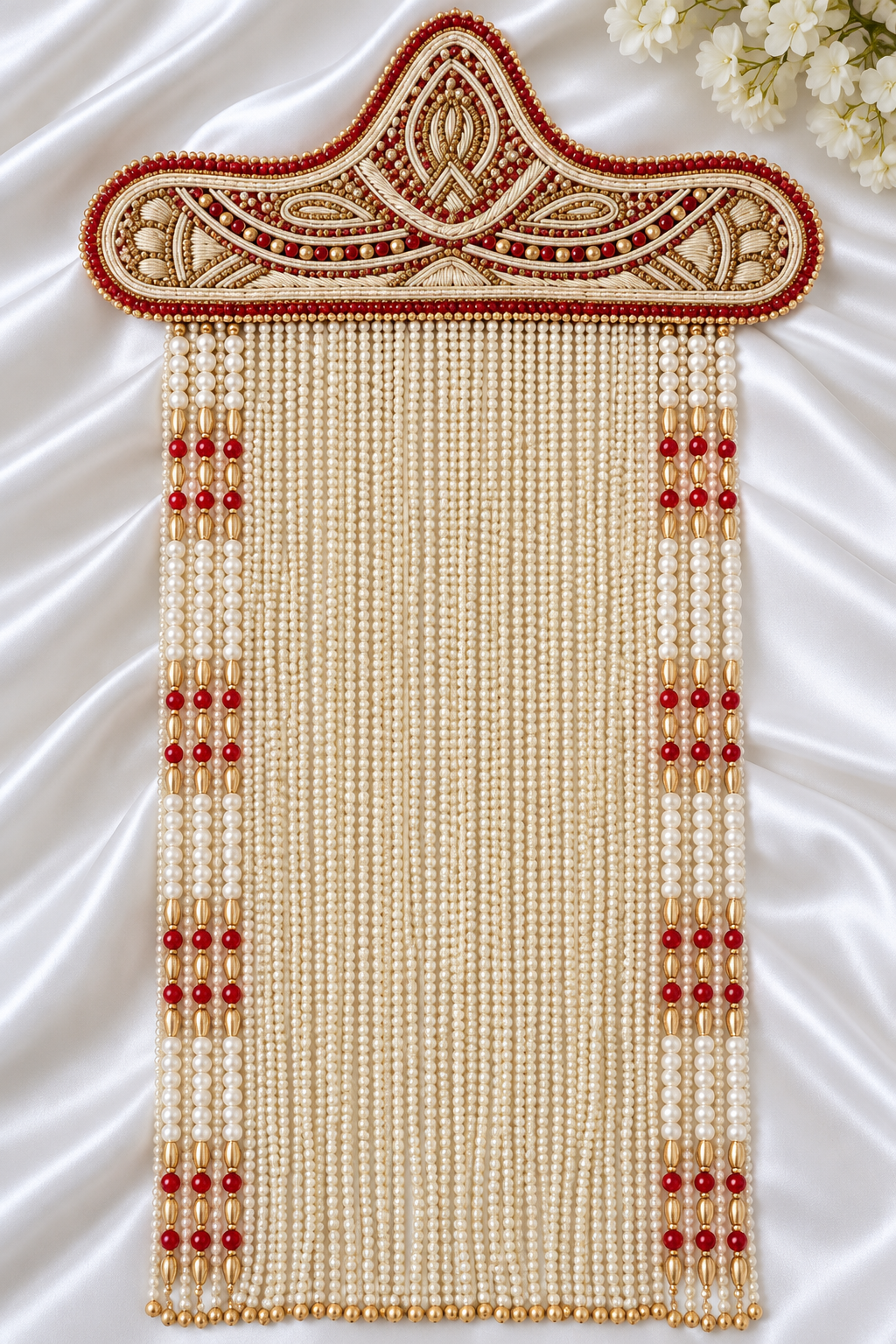 Traditional Indian Groom’s Sehra – Red & Gold Embroidered Wedding Sehra with Pearl Beads