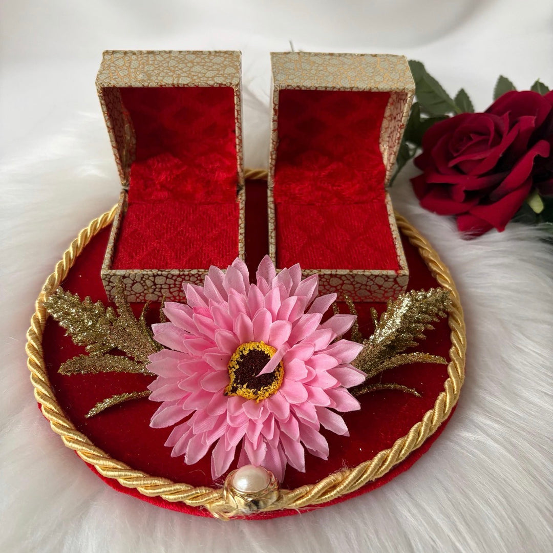 Traditional Red & Gold Shagun Ring Ceremony Tray with Ring Boxes & Floral Decoration