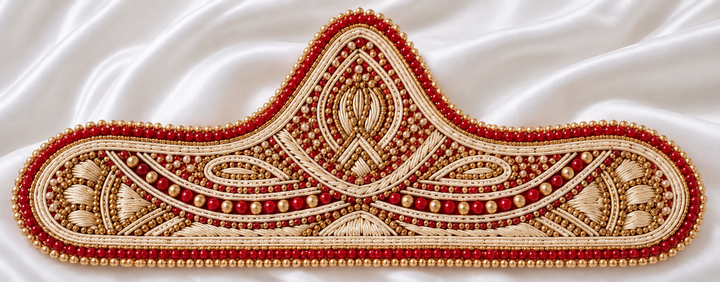 Traditional Indian Groom’s Sehra – Red & Gold Embroidered Wedding Sehra with Pearl Beads