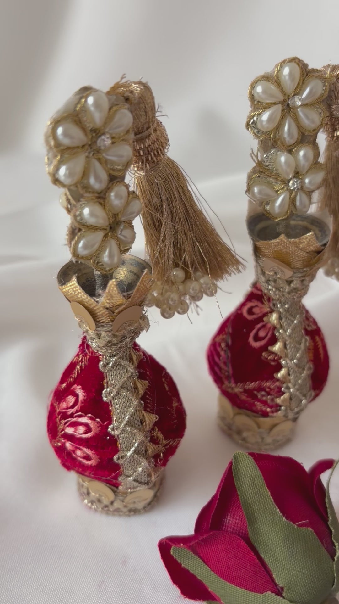 Red Traditional Surmadani – Decorative Kajol Holder with Pearls, Mirrors & Tassels