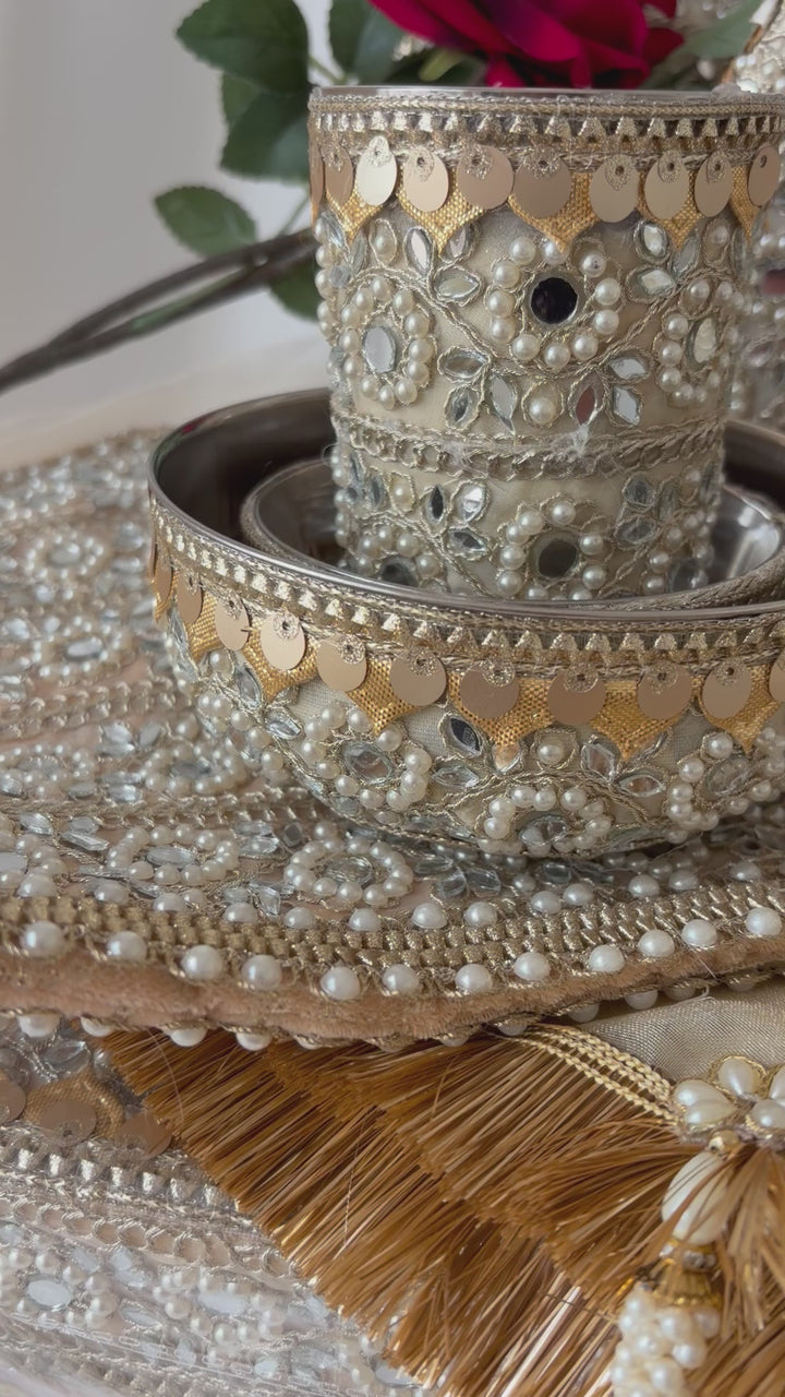 11 Piece Gold Mirror &  Pearl Maiyan Set – Traditional Punjabi Wedding Ceremony Set