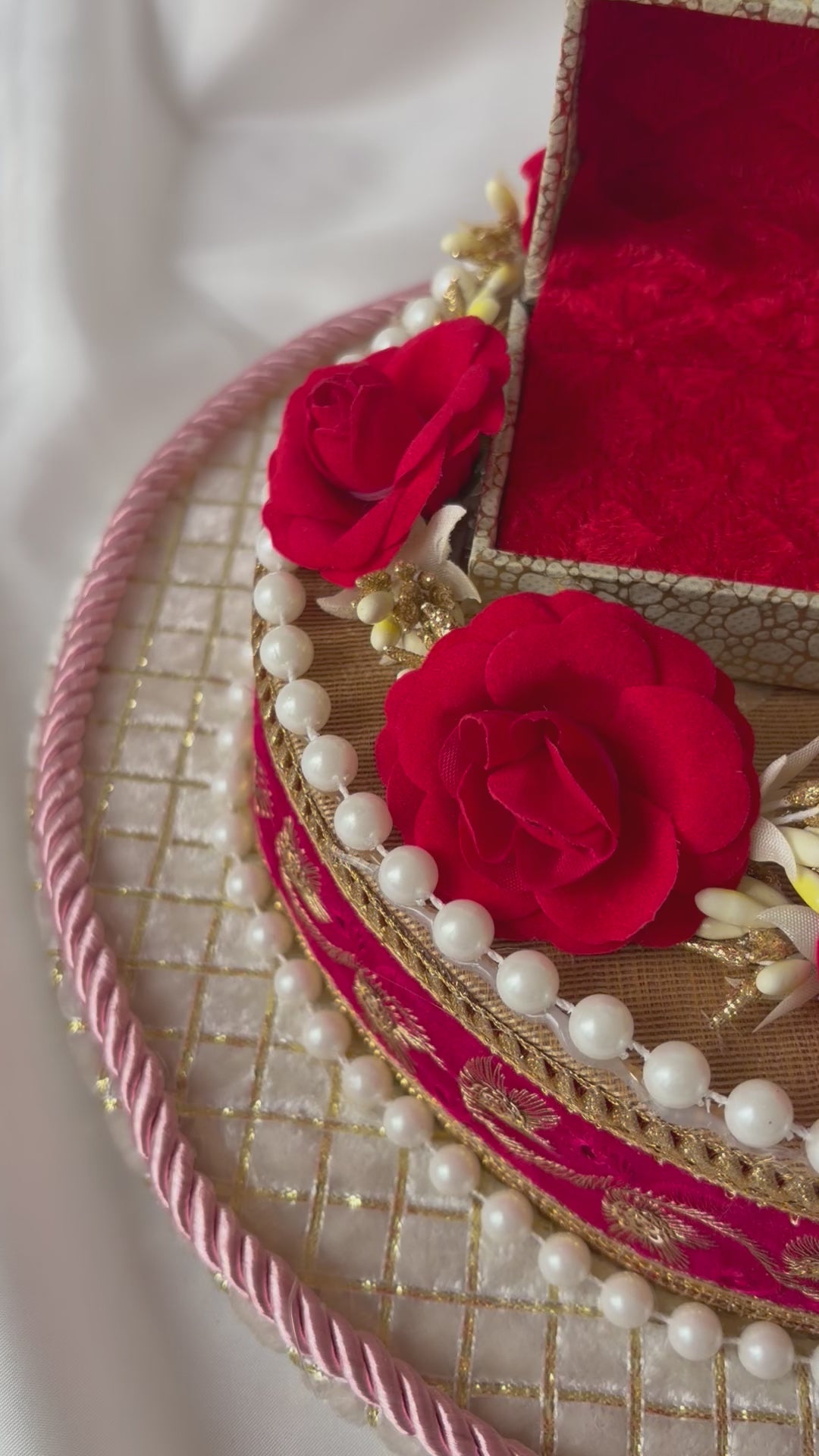 Traditional Red & Gold Shagun Ring Ceremony Tray with Ring Boxes & Floral Decoration