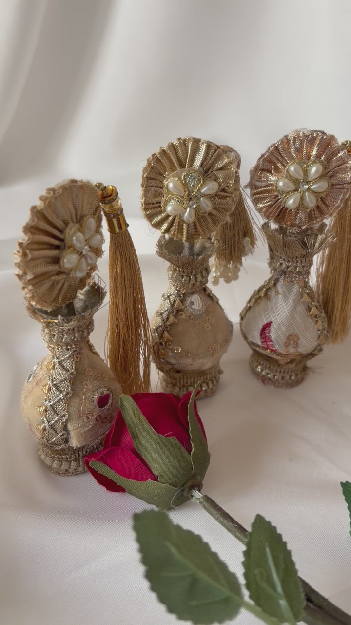 Gold Traditional Surmadani – Decorative Kajol Holder with Pearls, Mirrors & Tassels