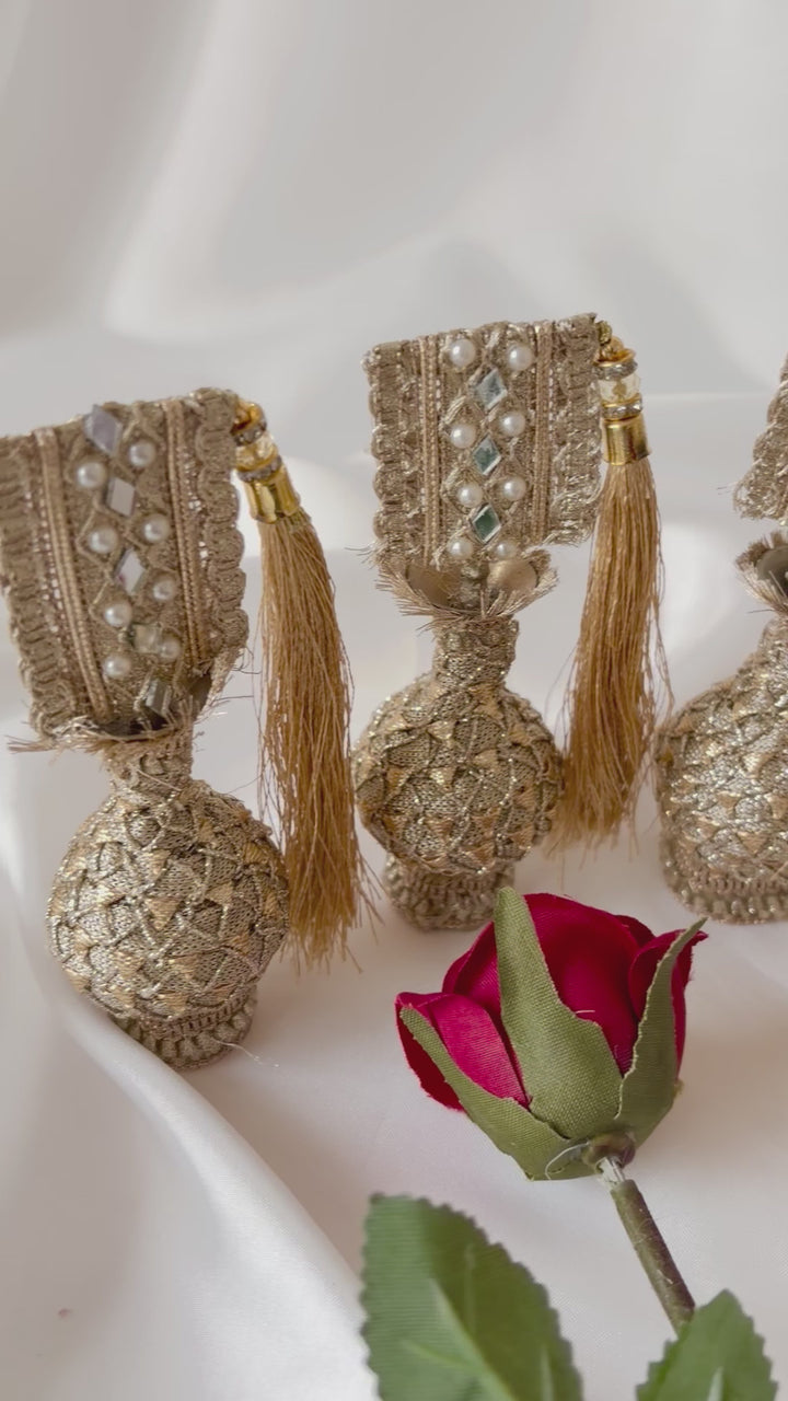 Gold Traditional Surmadani – Decorative Kajol Holder with Pearls, Mirrors & Tassels